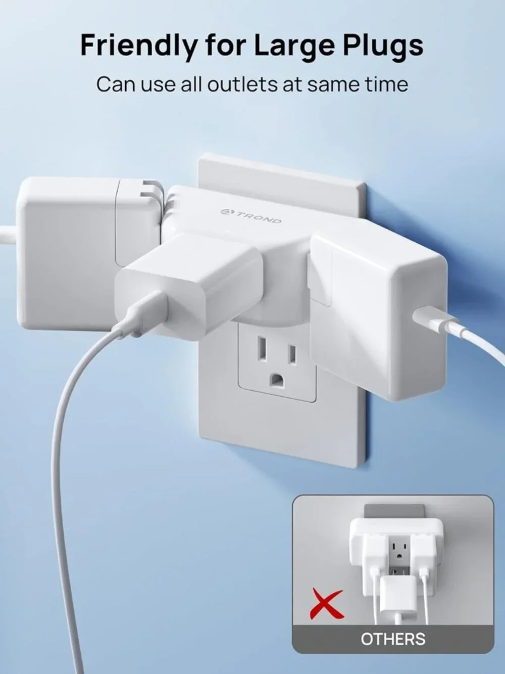 Multi Plug Outlet Extender 2 Pack - 3 Way Angled Wall Adapter for Home & Travel